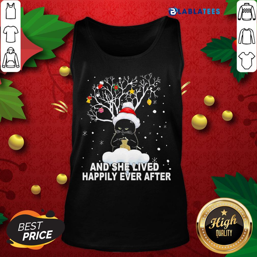 Nice Tree Black Cat Santa Crochet And She Lived Happily Ever After Christmas Shirt - Image 4