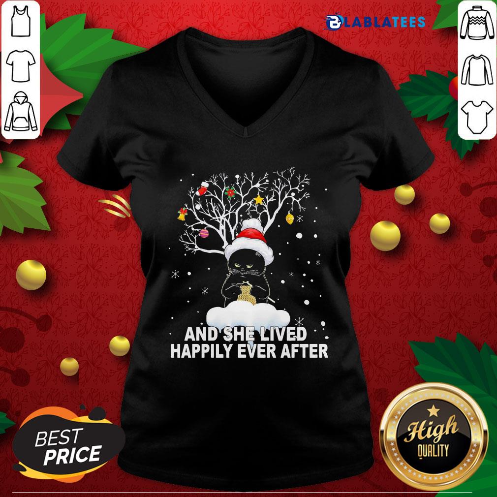 Nice Tree Black Cat Santa Crochet And She Lived Happily Ever After Christmas Shirt - Image 3