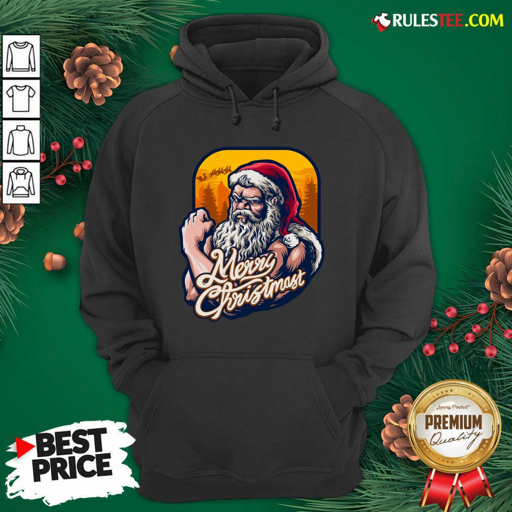 Nice Xmas Strong Cool Santa Claus Merry Christmas With Background Tree Shirt - Image 2