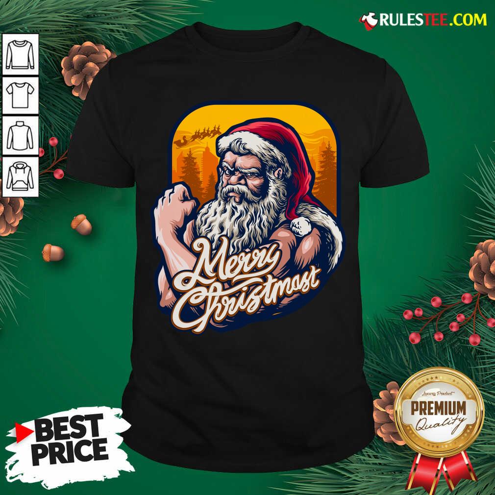 Nice Xmas Strong Cool Santa Claus Merry Christmas With Background Tree Shirt