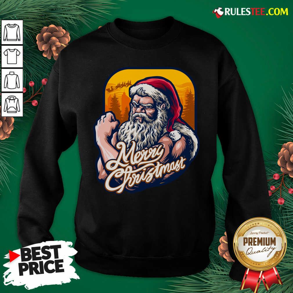 Nice Xmas Strong Cool Santa Claus Merry Christmas With Background Tree Shirt - Image 5