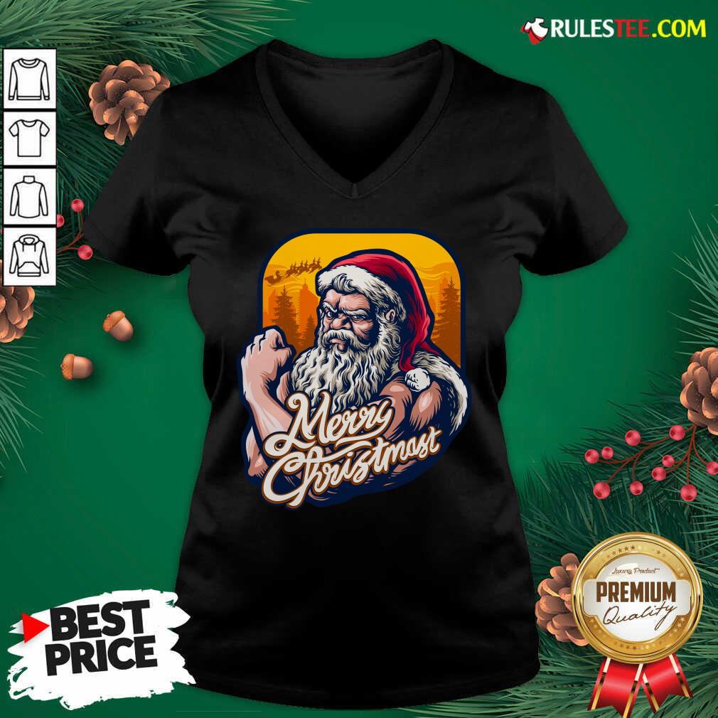Nice Xmas Strong Cool Santa Claus Merry Christmas With Background Tree Shirt - Image 3