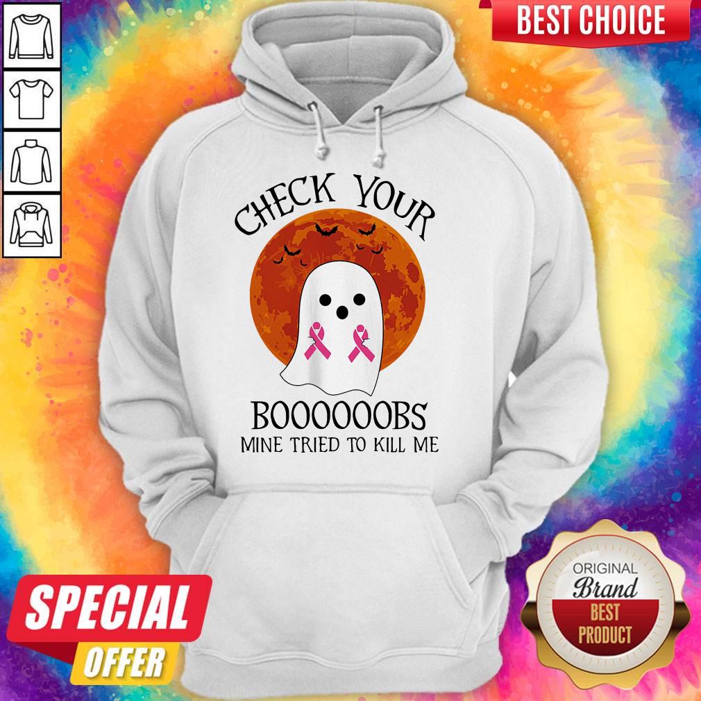 Official Ghost Check Your Boooooobs Mine Tried To Kill Me Sunset Cancer Awareness Shirt - Image 5