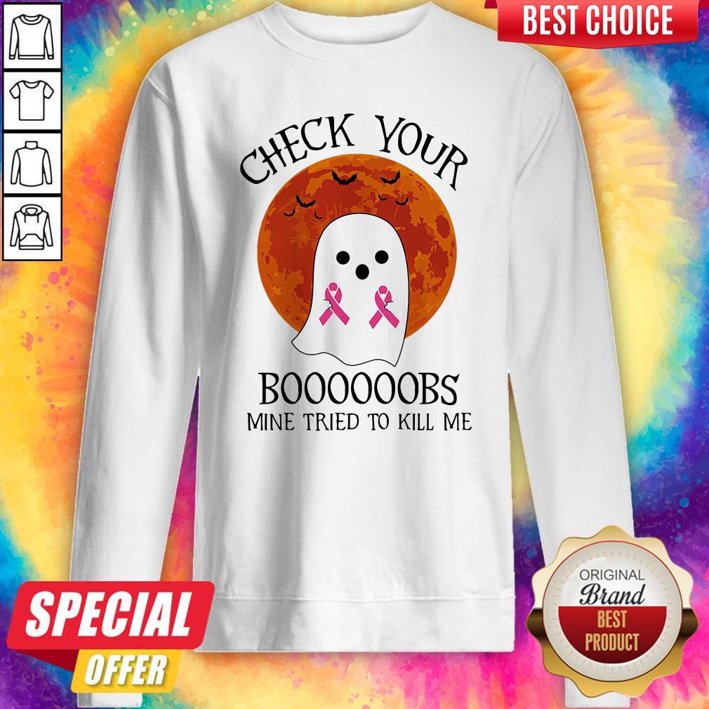 Official Ghost Check Your Boooooobs Mine Tried To Kill Me Sunset Cancer Awareness Shirt - Image 4