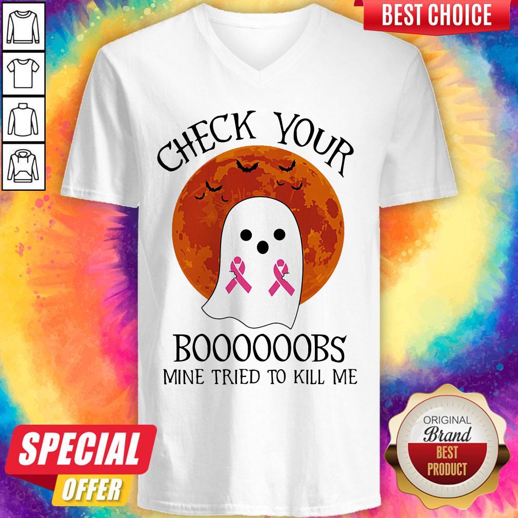 Official Ghost Check Your Boooooobs Mine Tried To Kill Me Sunset Cancer Awareness Shirt - Image 2