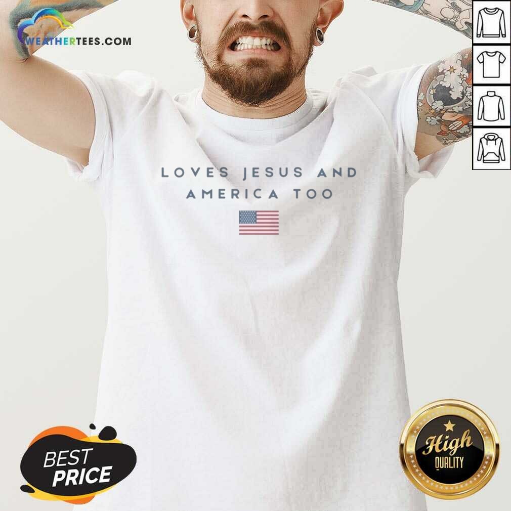 Official Loves Jesus And America Too American Flag Design Graphic Cotton Shirt - Image 5