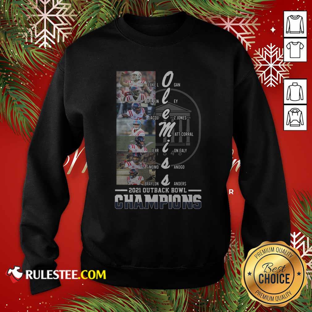 Official Ole Miss Luke Logan Aj Finney Braylon Sanders 2021 Outback Bowl Champions Shirt - Image 5