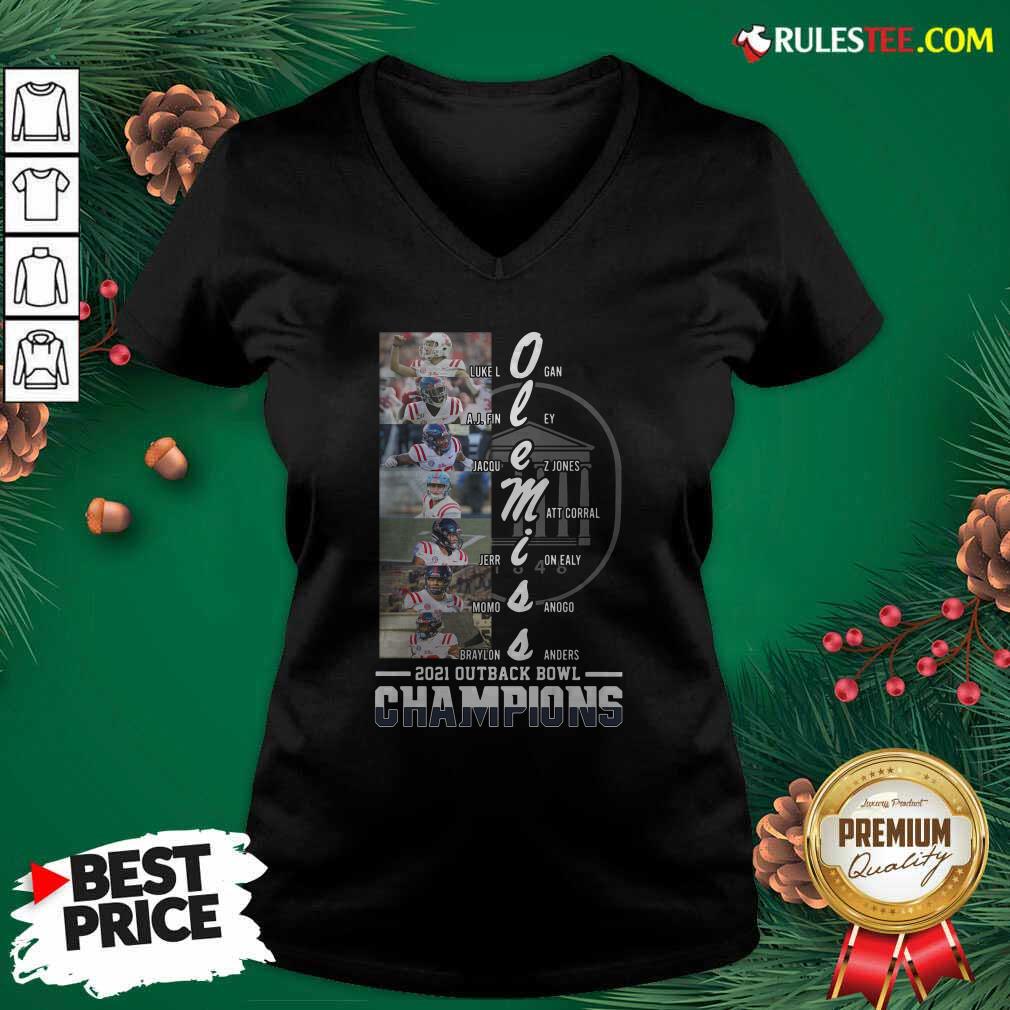 Official Ole Miss Luke Logan Aj Finney Braylon Sanders 2021 Outback Bowl Champions Shirt - Image 3