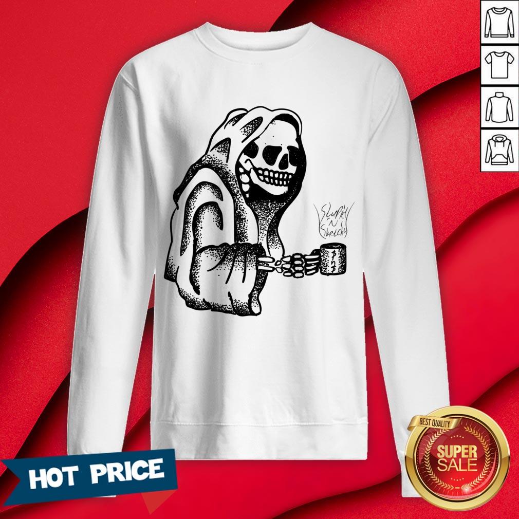 Official Skeleton Drinking Coffee Halloween Shirt - Image 4
