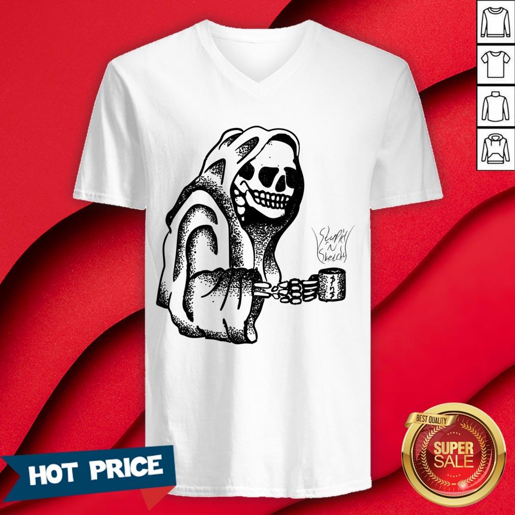 Official Skeleton Drinking Coffee Halloween Shirt - Image 3