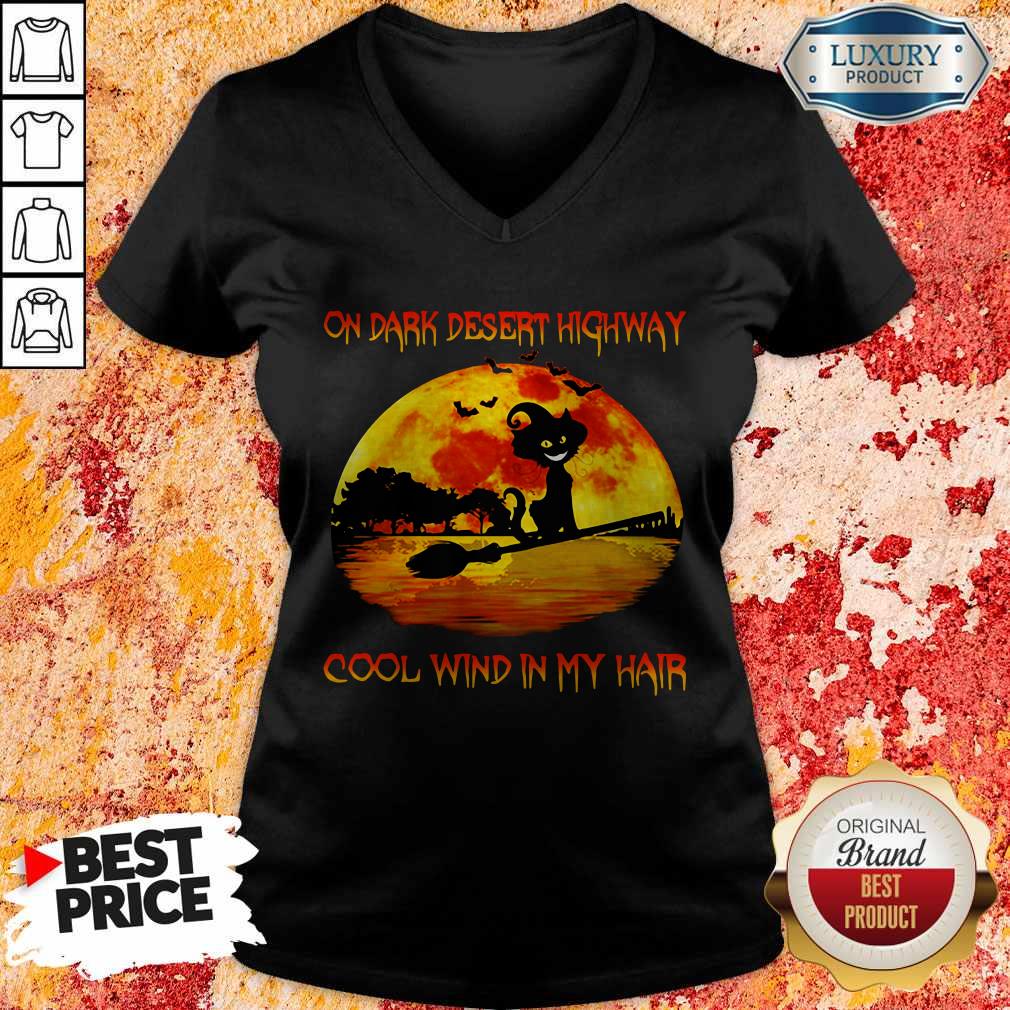 On Dark Desert Highway Cool Wind In My Hair Cat Riding A Broom Moon Halloween Shirt - Image 3