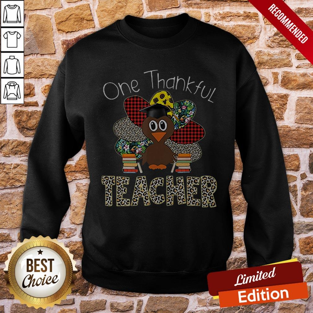 One Thankful Teacher Turkey Leopard Thanksgiving Tshirt - Image 4