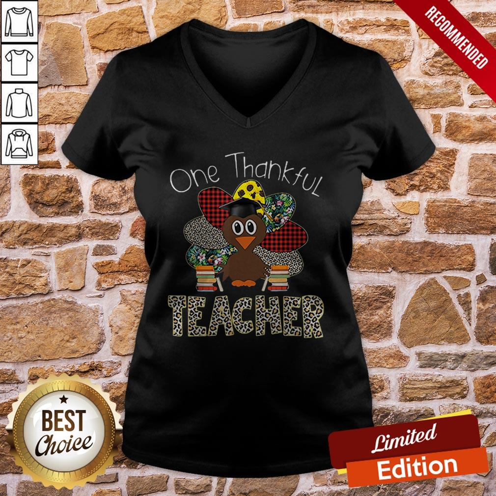 One Thankful Teacher Turkey Leopard Thanksgiving Tshirt - Image 2