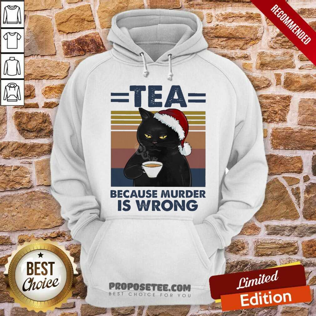 Original Black Cat Santa Drinking Tea Because Murder Is Wrong Vintage Shirt - Image 2