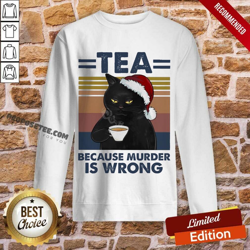 Original Black Cat Santa Drinking Tea Because Murder Is Wrong Vintage Shirt - Image 5