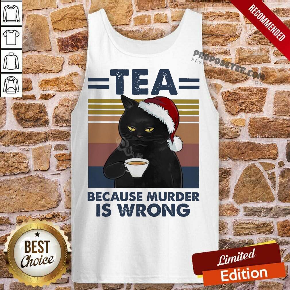 Original Black Cat Santa Drinking Tea Because Murder Is Wrong Vintage Shirt - Image 4