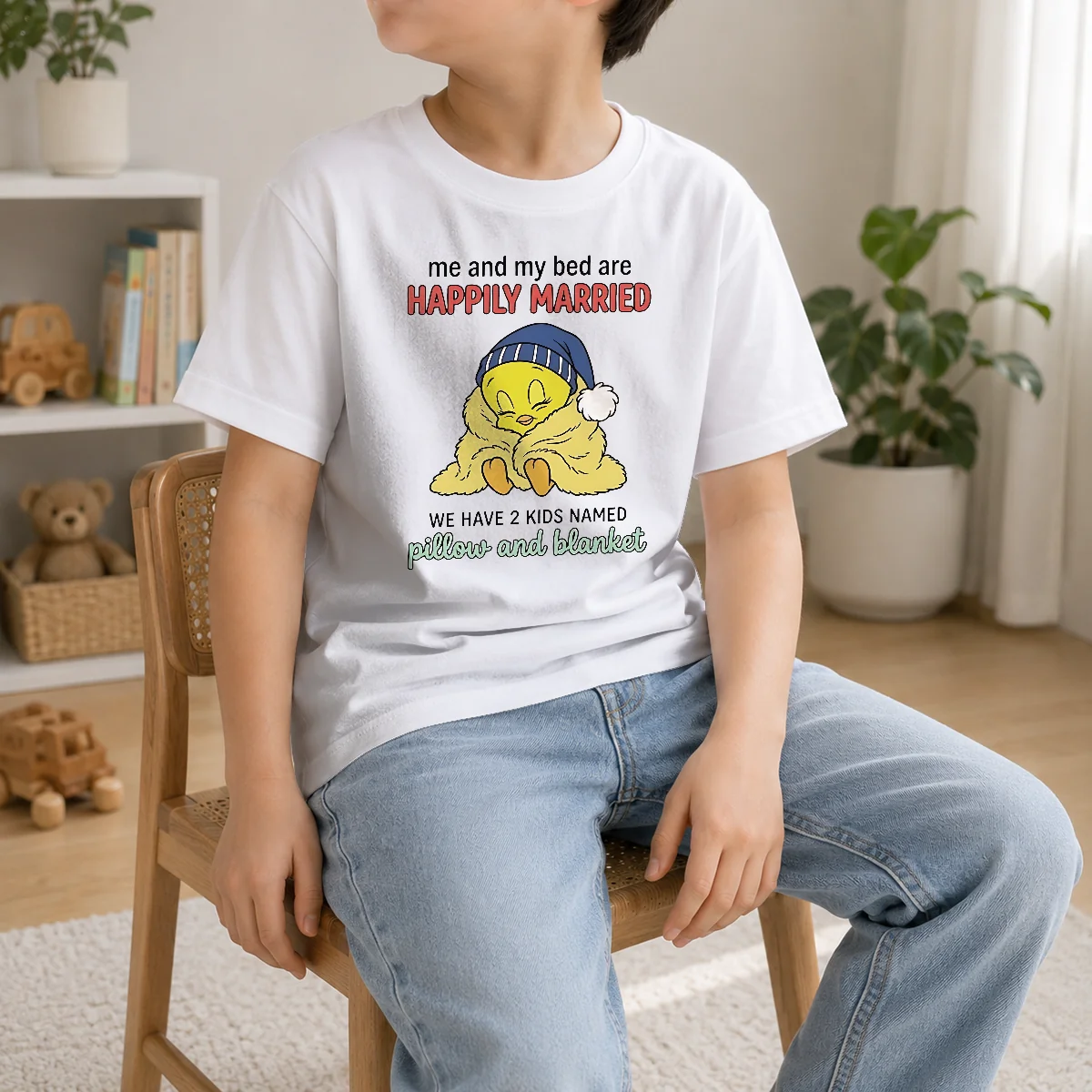 Original Tweety And My Bed Are Happily Married We Have 2 Kids Named Pillow Blanket Shirt - Image 9