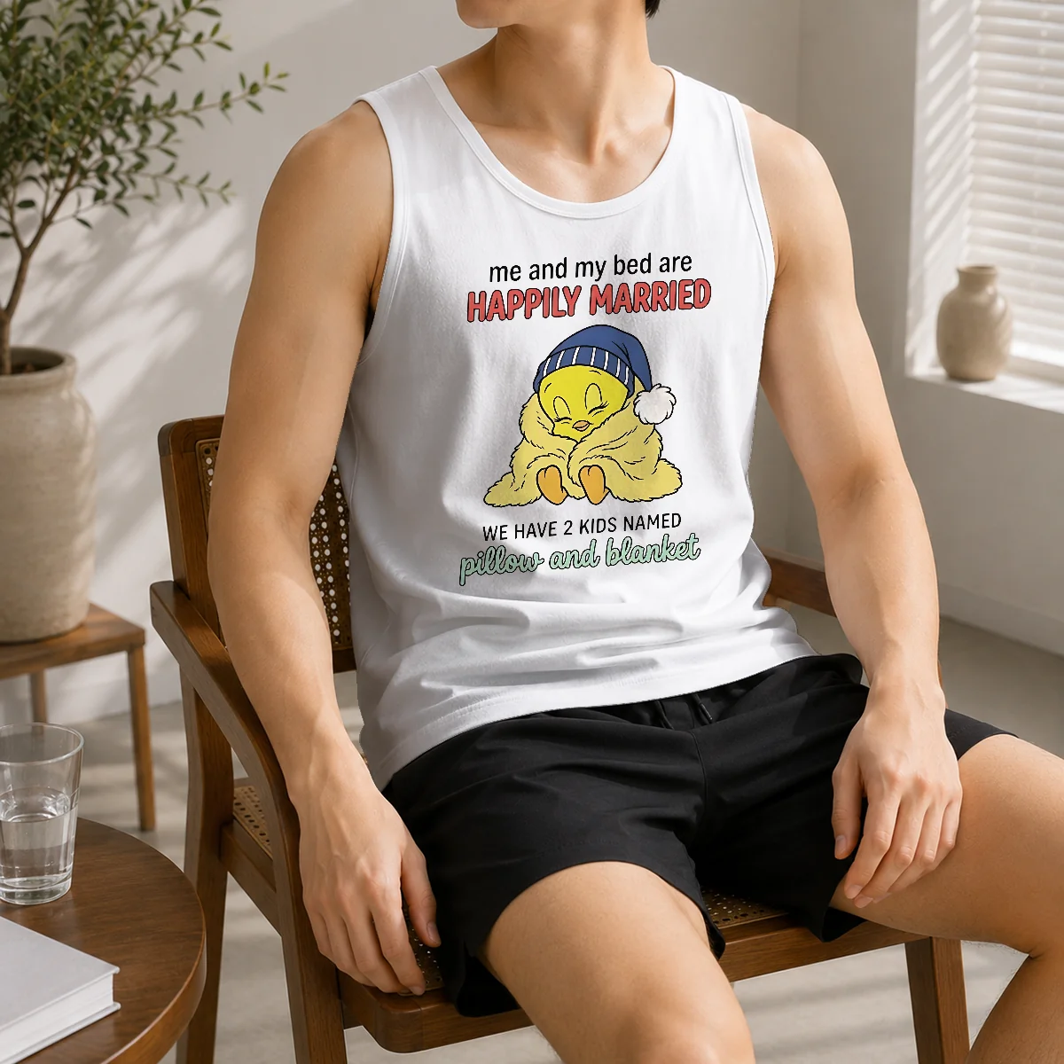 Original Tweety And My Bed Are Happily Married We Have 2 Kids Named Pillow Blanket Shirt - Image 3