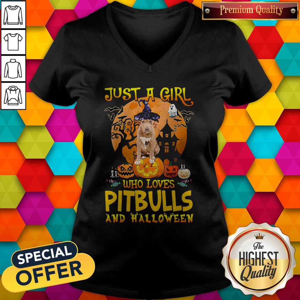 Perfect Just A Girl Who Loves Pitbull And Halloween Pumpkin Shirt - Image 3