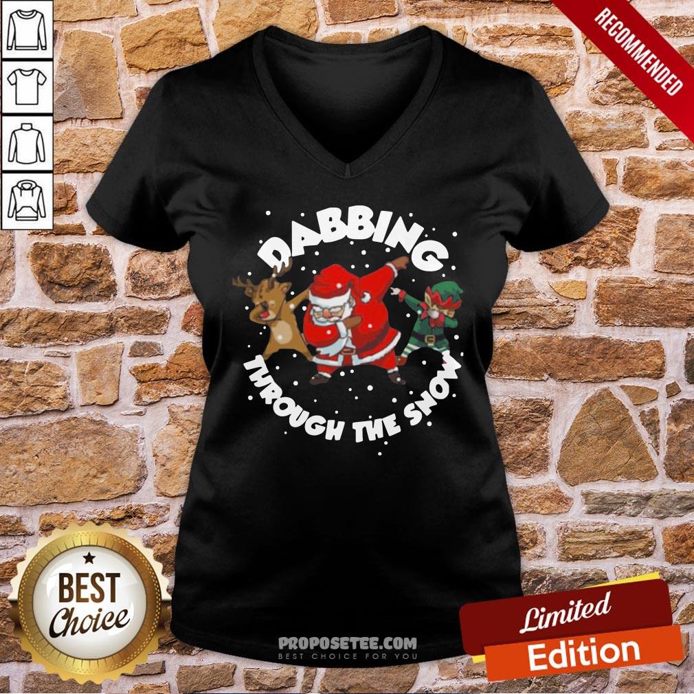 Perfect Reindeer Santa Elf Dabbing Through The Snow Christmas Shirt - Image 2
