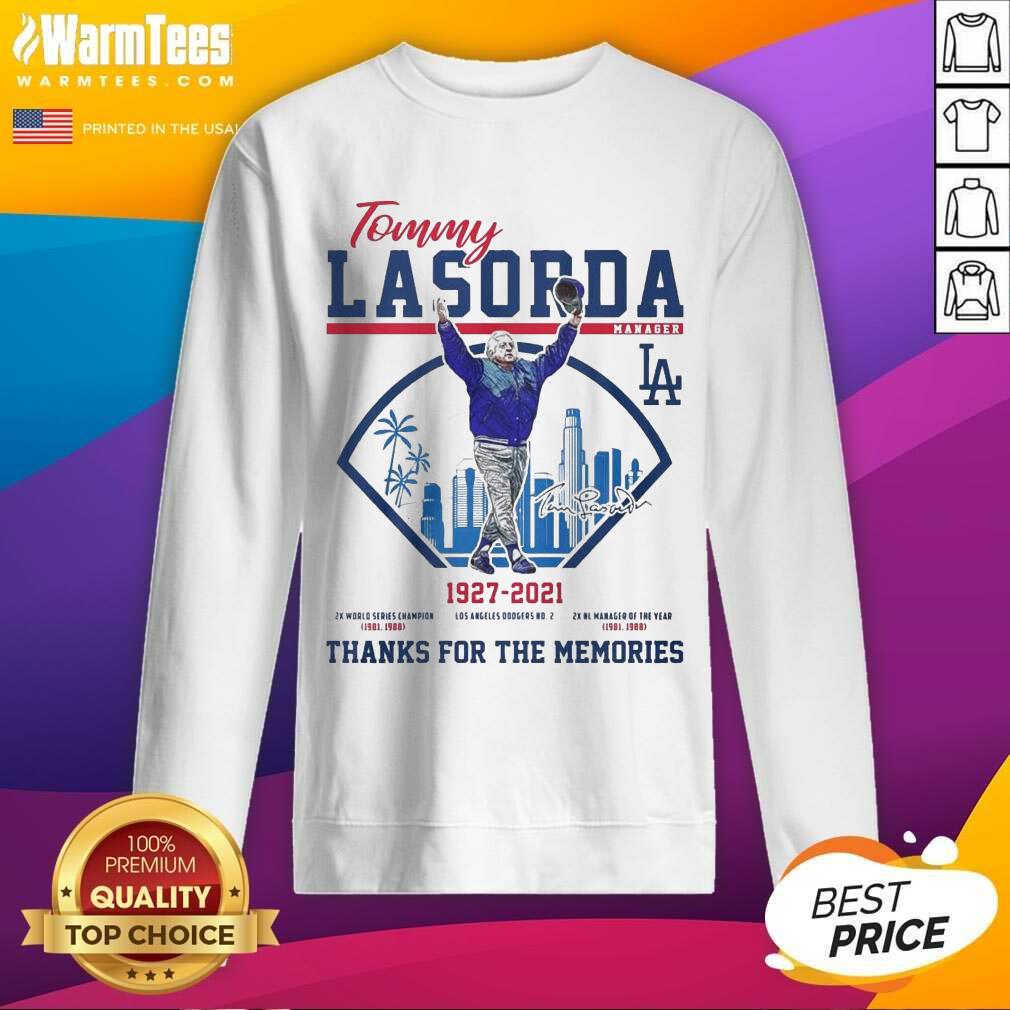 Perfect Tommy Lasorda Manager 1927 2021 Los Angeles Dodgers Signature Thanks Shirt - Image 3