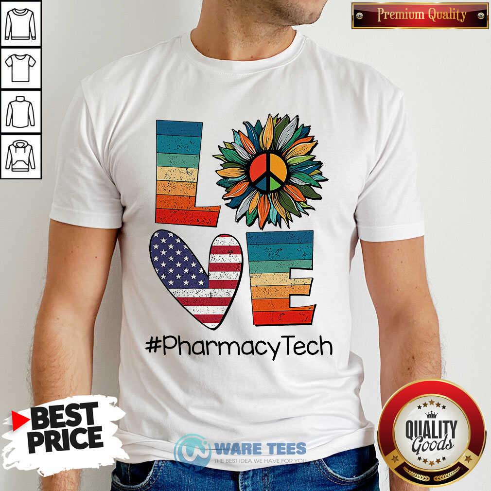 Pharmacy Tech Love Hippie Sunflower American Flag Shirt - Image 4