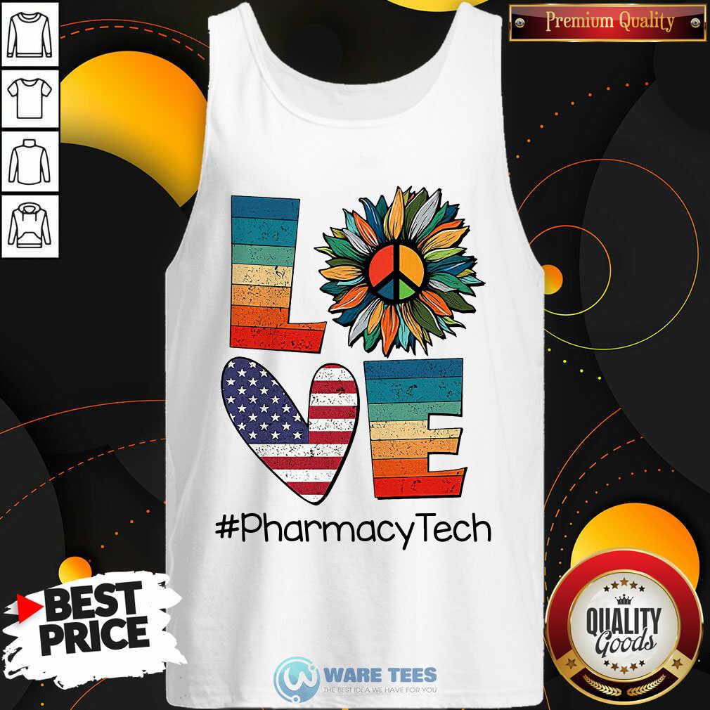 Pharmacy Tech Love Hippie Sunflower American Flag Shirt - Image 2