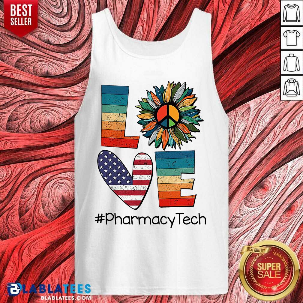 Pharmacy Tech Love Hippie Sunflower American Flag Shirt - Image 3