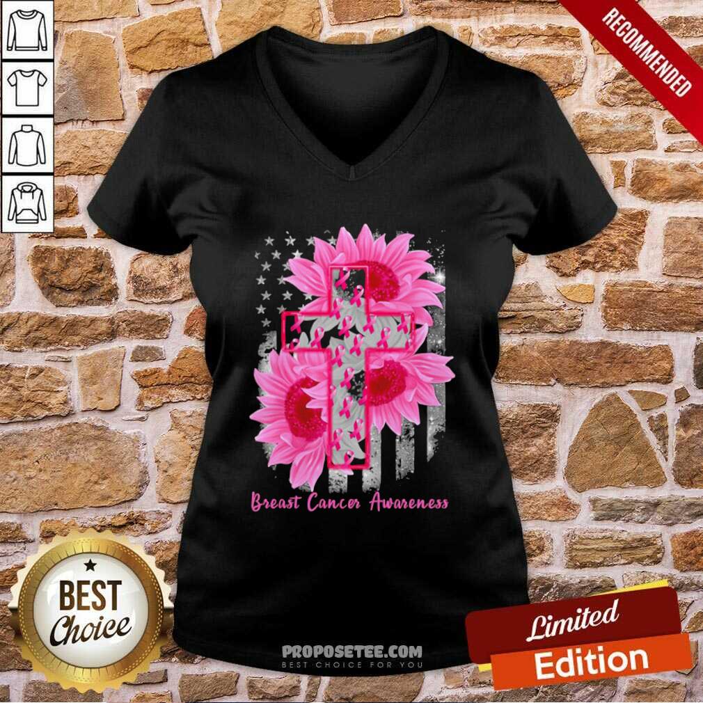 Premium Cross Sunflower Breast Cancer Awareness Pink Veteran Shirt - Image 3