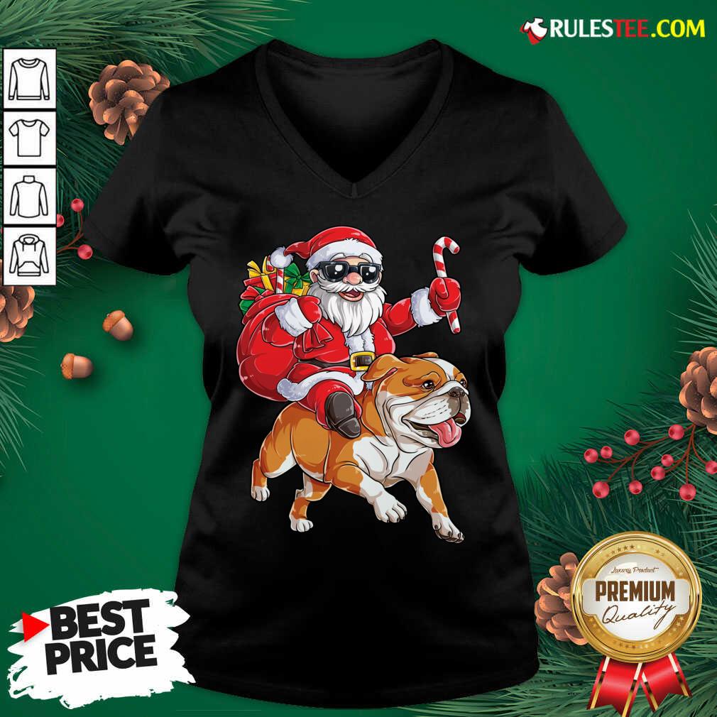 Premium Santa Claus Riding Bulldog Merry Christmas Shirt - Image 3