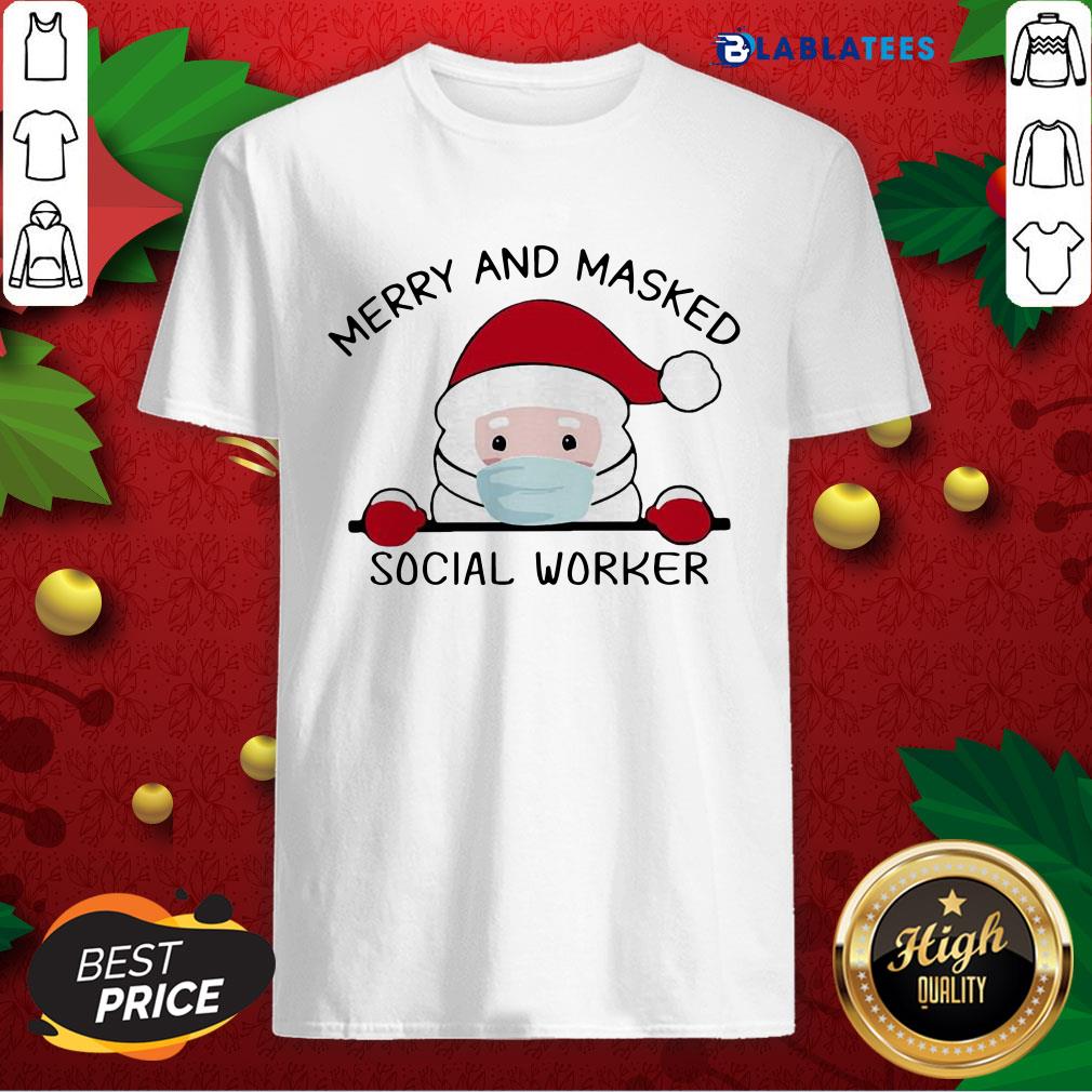 Premium Santa Face Mask Merry And Masked Social Worker Christmas Shirt