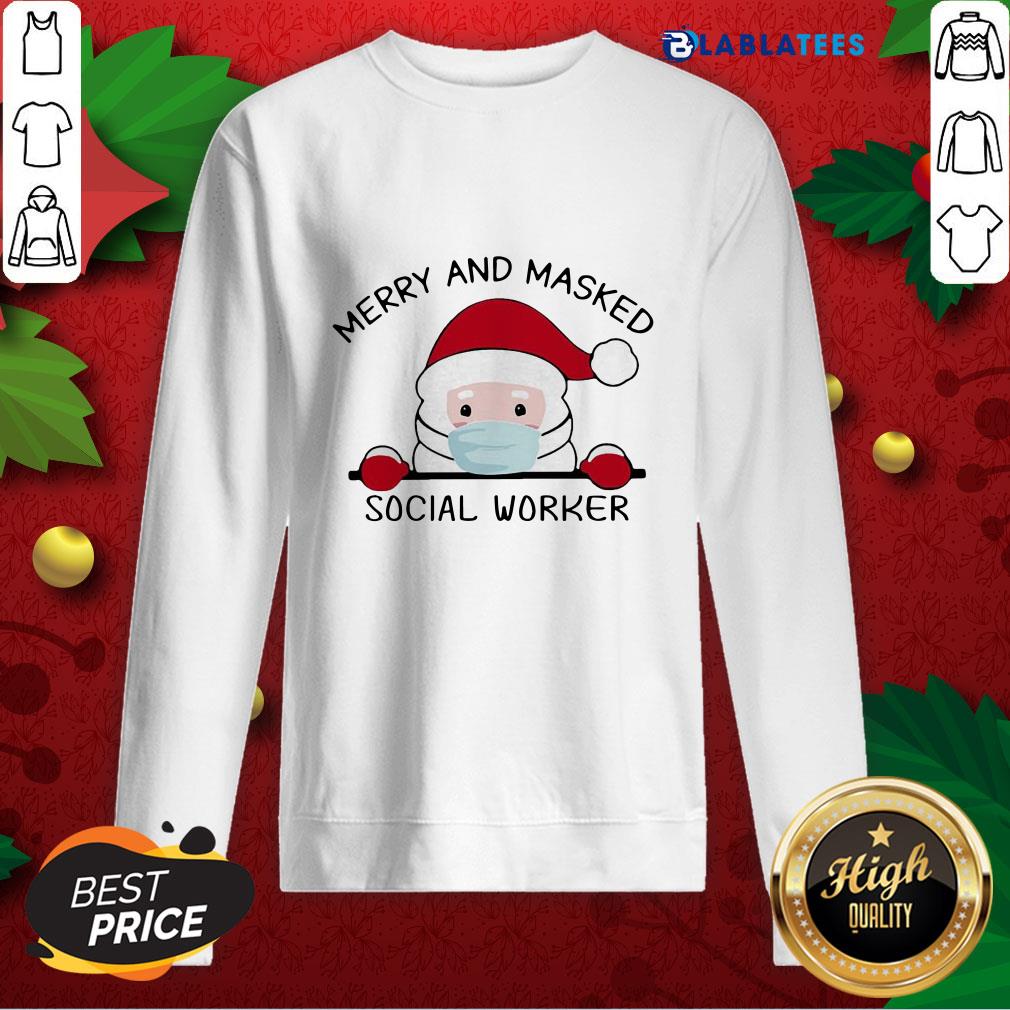 Premium Santa Face Mask Merry And Masked Social Worker Christmas Shirt - Image 5