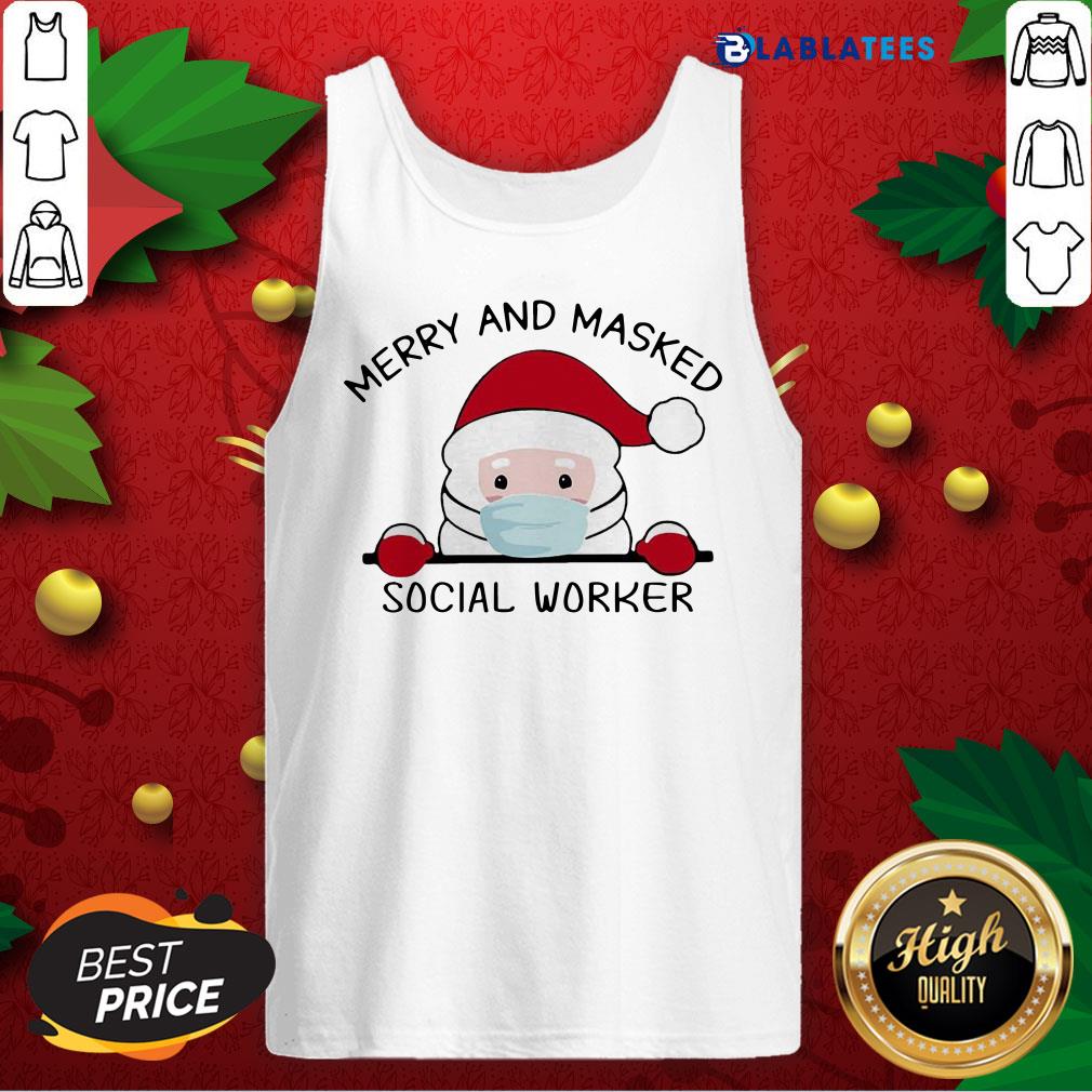 Premium Santa Face Mask Merry And Masked Social Worker Christmas Shirt - Image 4