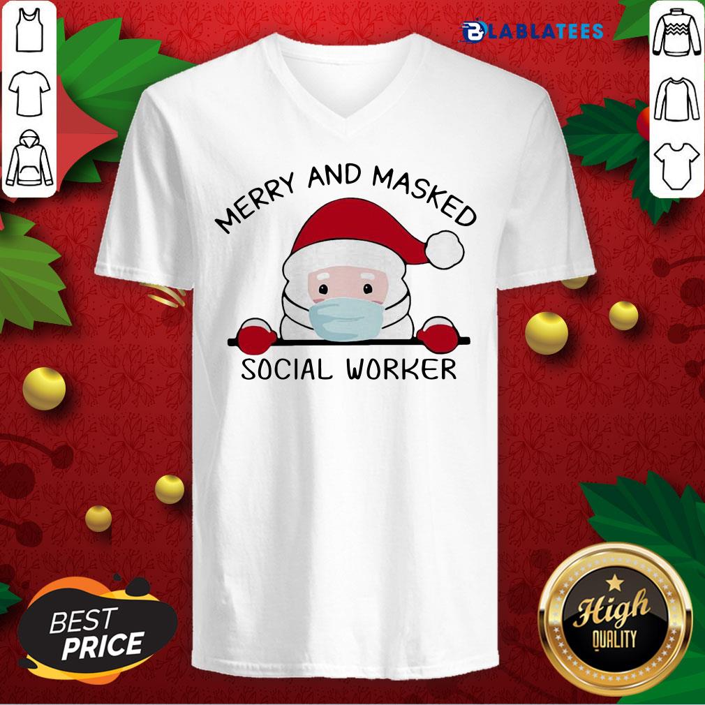 Premium Santa Face Mask Merry And Masked Social Worker Christmas Shirt - Image 3