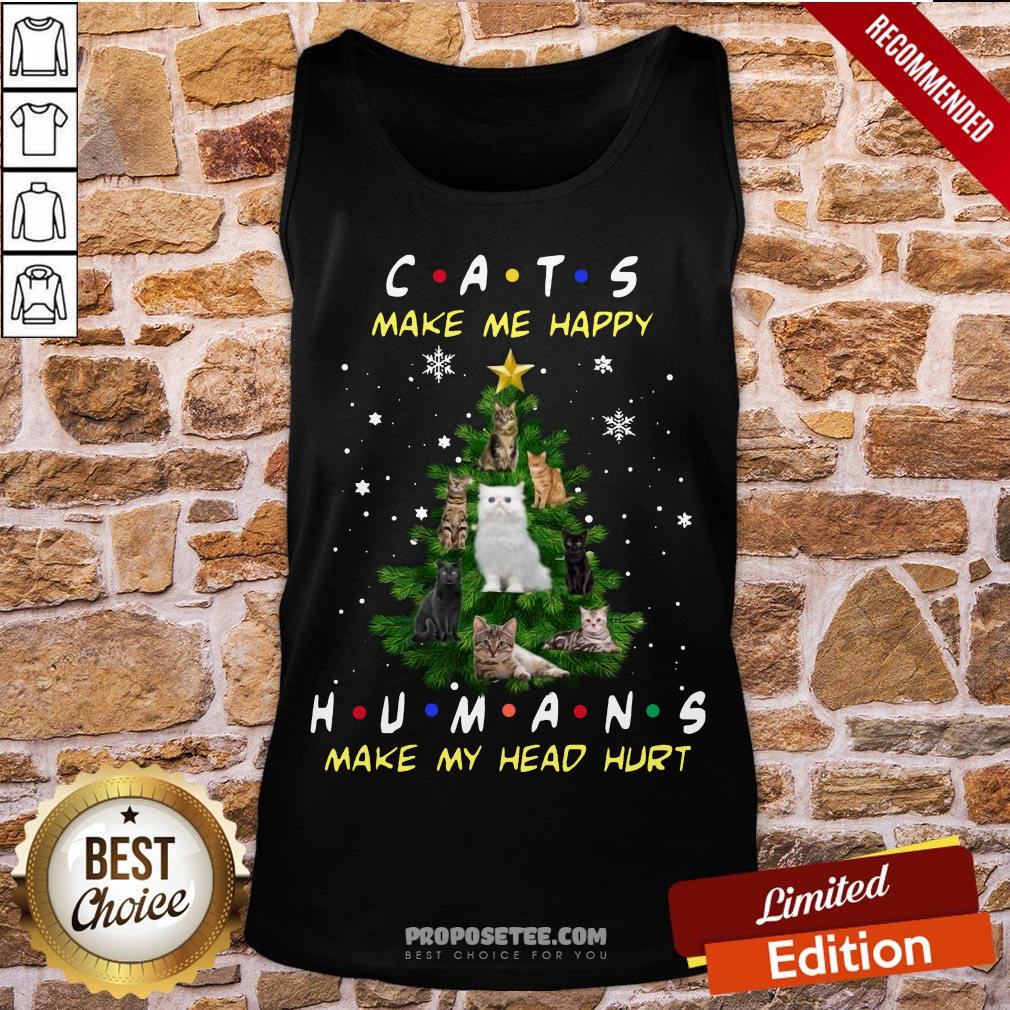 Pretty Cats Make Me Happy Humans Make My Head Hurt Ugly Merry Christmas Tree Shirt - Image 4