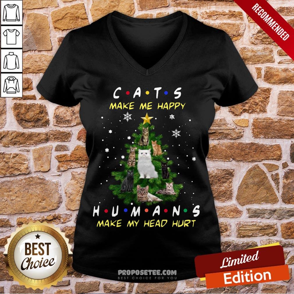 Pretty Cats Make Me Happy Humans Make My Head Hurt Ugly Merry Christmas Tree Shirt - Image 3