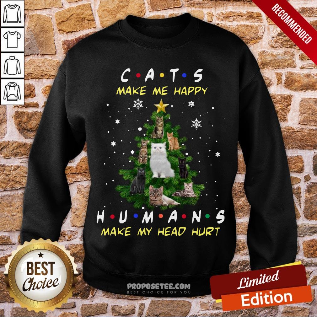 Pretty Cats Make Me Happy Humans Make My Head Hurt Ugly Merry Christmas Tree Shirt - Image 5