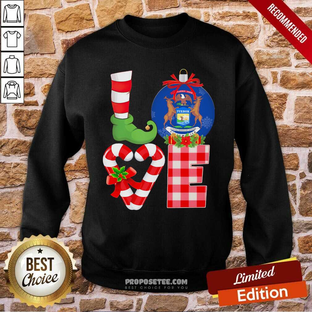 Pretty Love Michigan State Flag Pajama Elf Merry Christmas Shirt - Image 5
