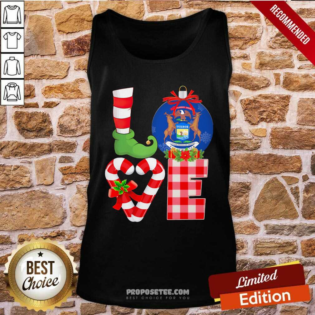 Pretty Love Michigan State Flag Pajama Elf Merry Christmas Shirt - Image 4