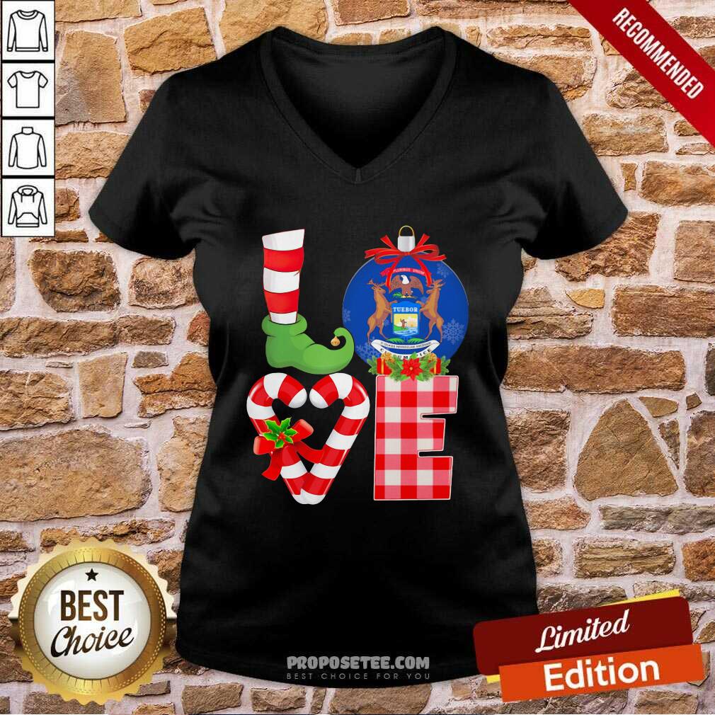 Pretty Love Michigan State Flag Pajama Elf Merry Christmas Shirt - Image 3