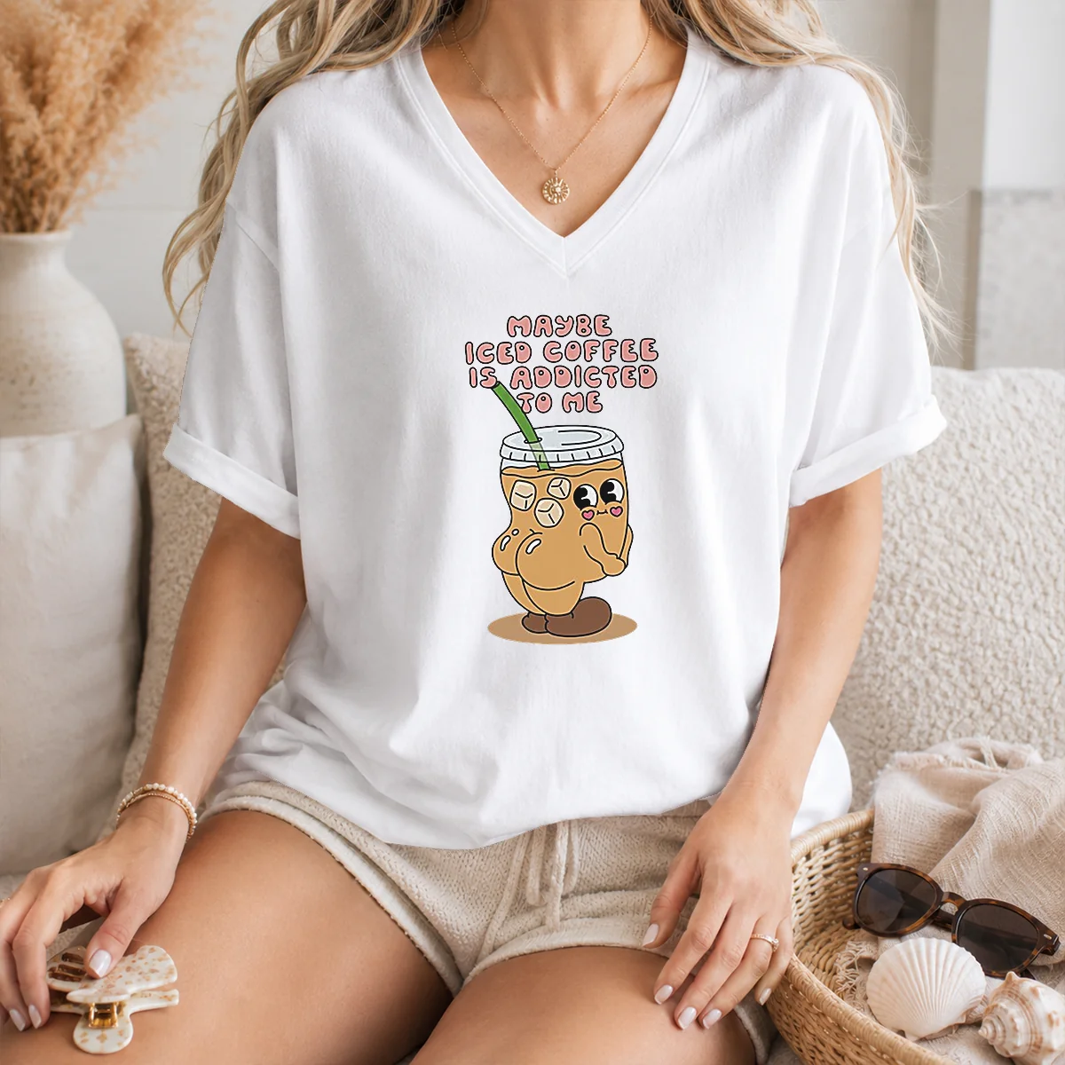 Pretty Maybe Iced Coffee Is Addicted To Me Caffeine Addict Shirt - Image 2