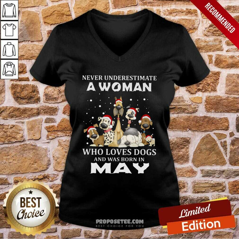 Pretty Never Underestimate A Woman Who Loves Dogs And Was Born In May Christmas Shirt - Image 5