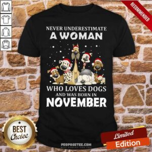 Pretty Never Underestimate A Woman Who Loves Dogs And Was Born In November Christmas Shirt