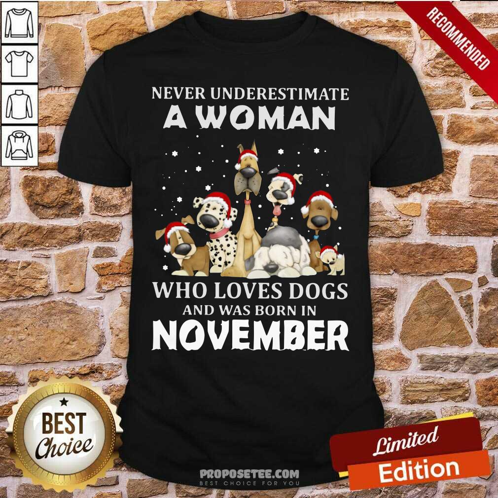 Pretty Never Underestimate A Woman Who Loves Dogs And Was Born In November Christmas Shirt