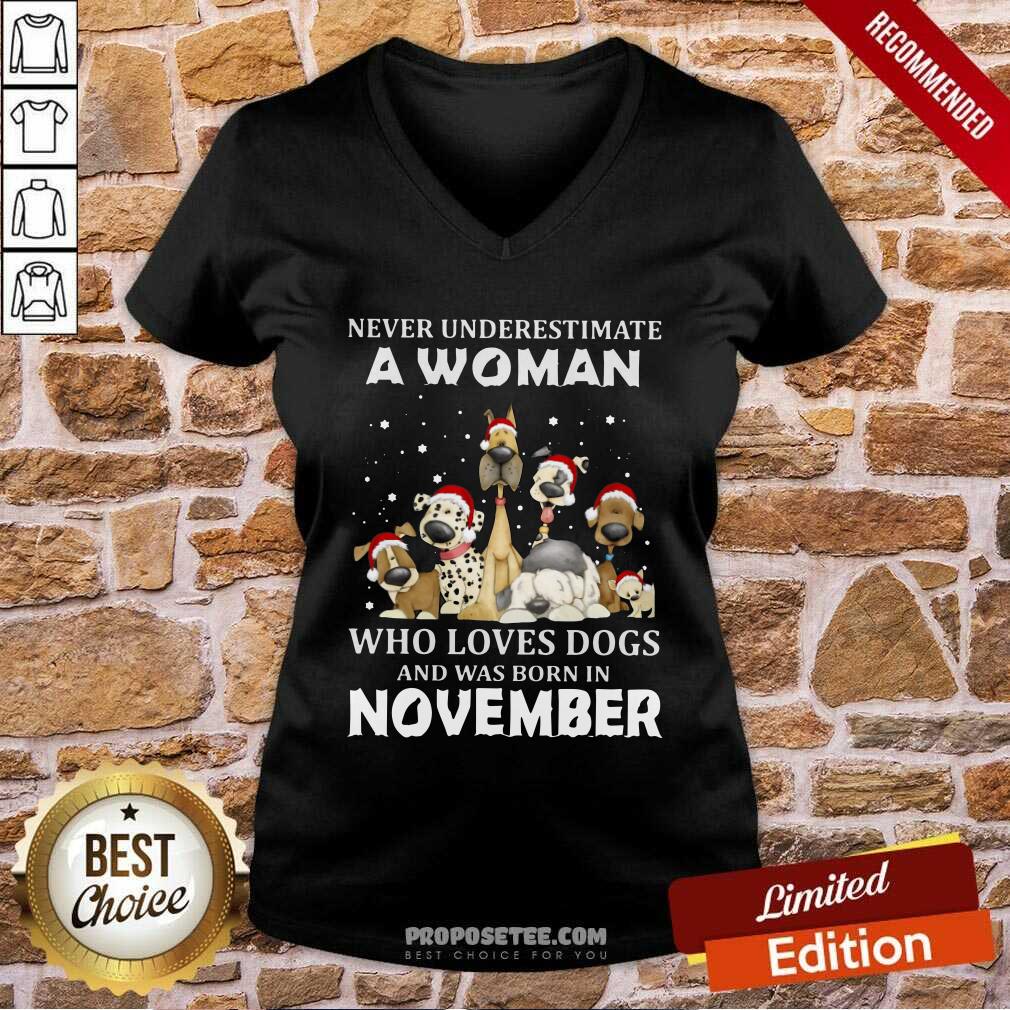 Pretty Never Underestimate A Woman Who Loves Dogs And Was Born In November Christmas Shirt - Image 5