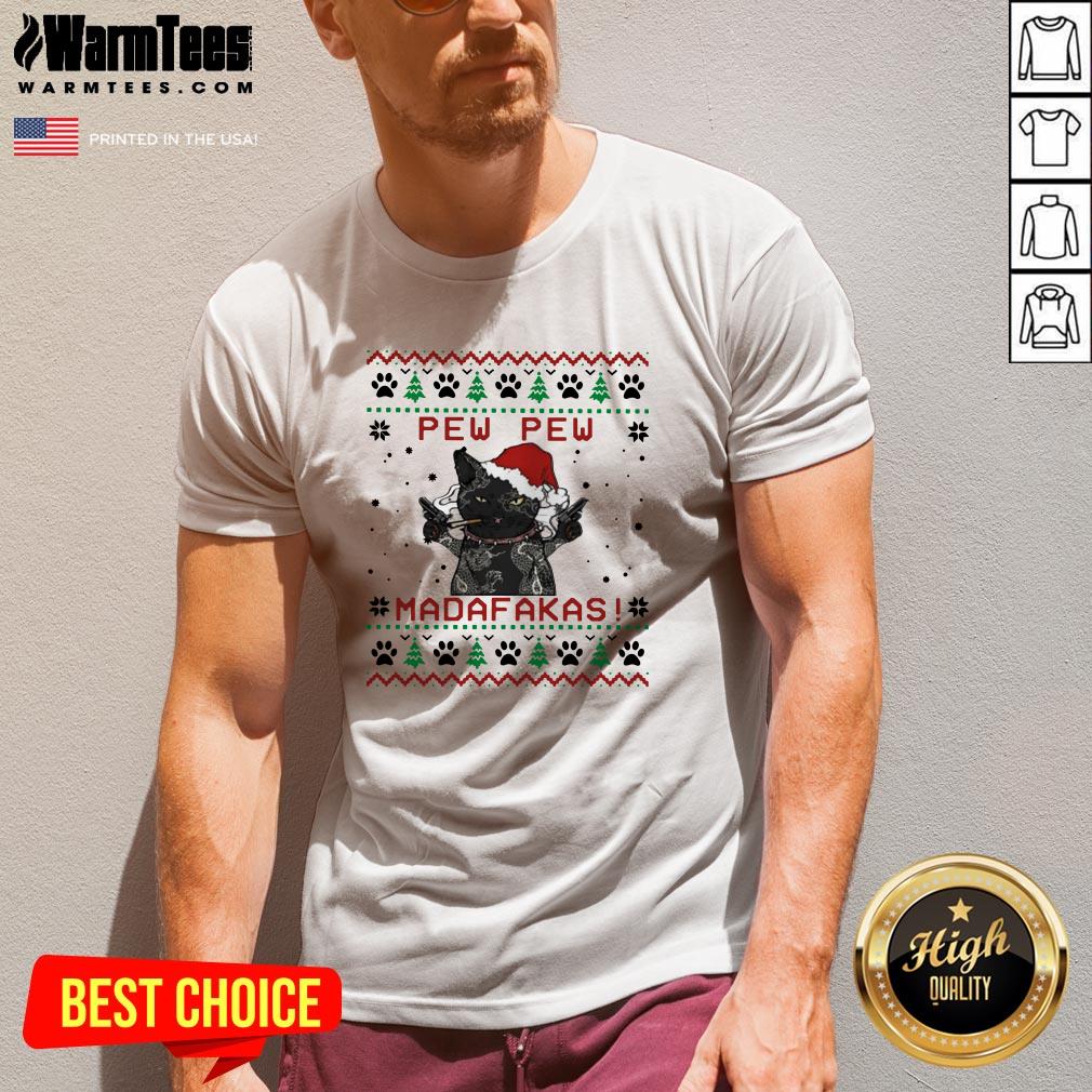 Pretty Santa Black Cat Pew Pew Madafakas Ugly Christmas Shirt - Image 2
