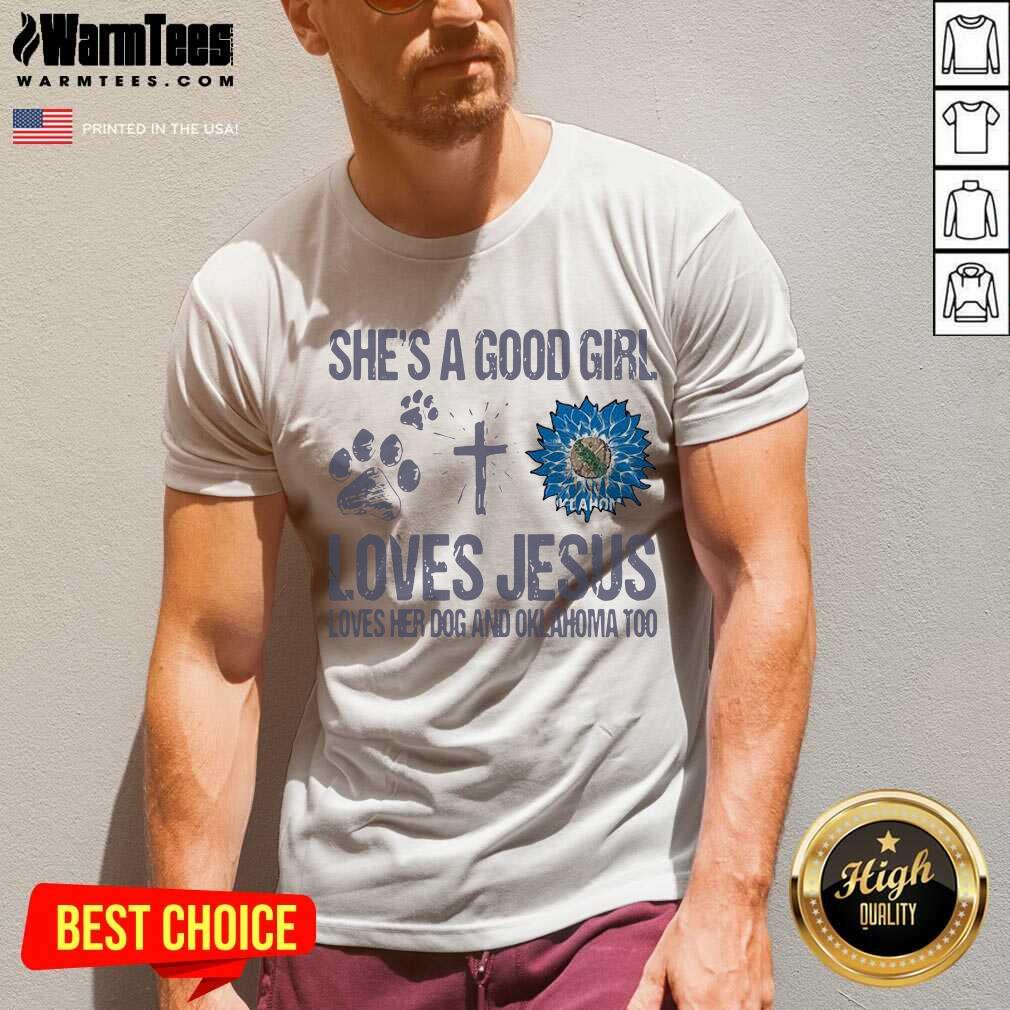 Pretty She’s A Good Girl Loves Jesus Loves Her Dog And Oklahoma Too Sunflowers Shirt - Image 5