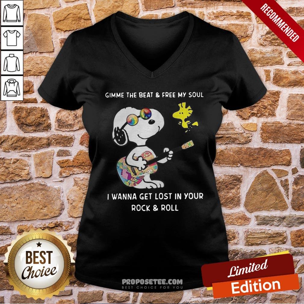 Pretty Snoopy And Woodstock Gimme The Beat And Free My Soul I Wanna Get Lost In Your Rock And Roll Shirt - Image 2