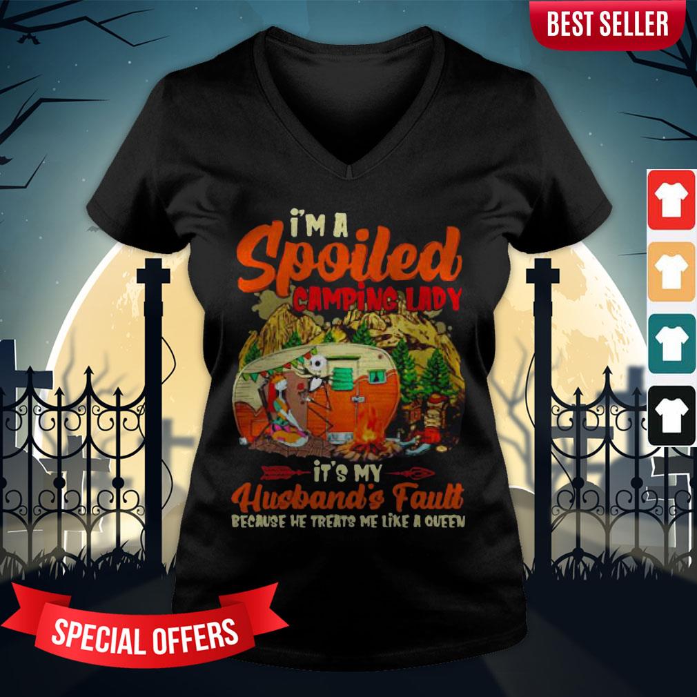 Sally And Jack Skellington I’m Spoiled Camping Lady It’s My Husband’s Fault Shirt - Image 2
