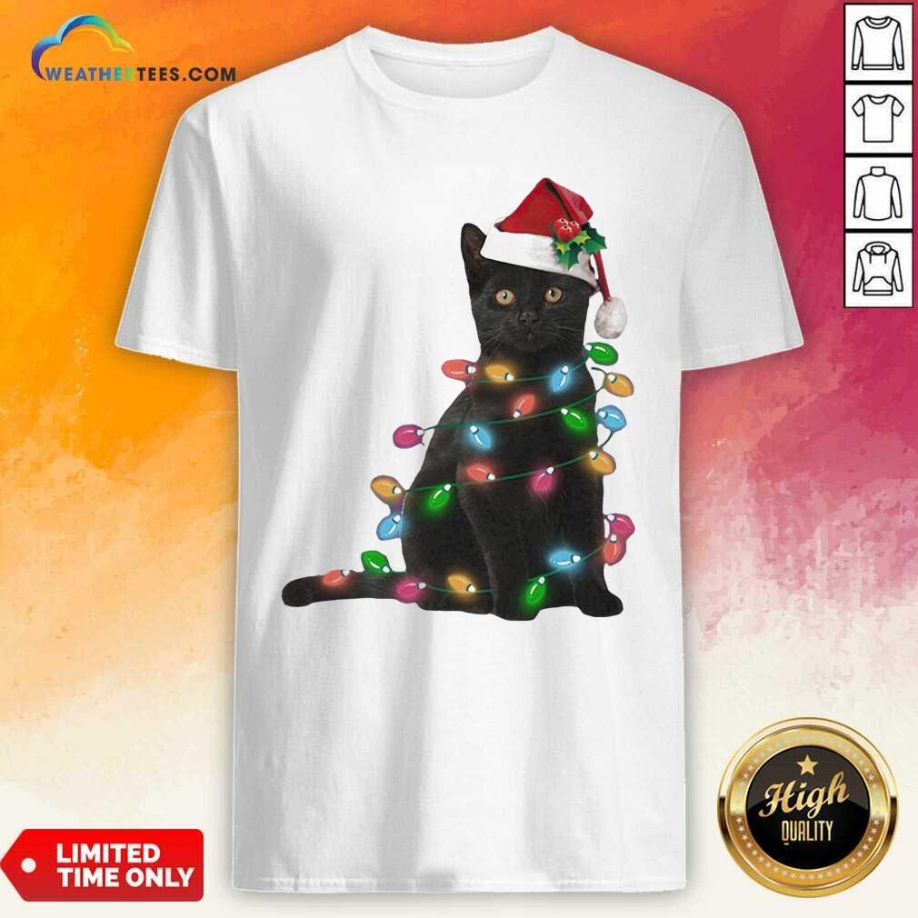 Colorful Black Cat Hat Santa Happy Light Christmas 2020 Shirt